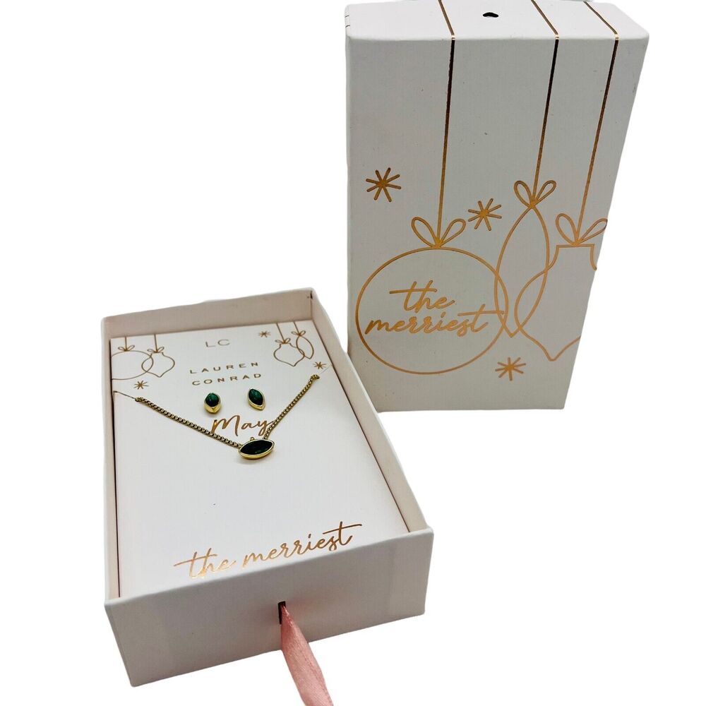 May Birthstone Necklace Earrings Lauren Conrad Christmas Gift Box Green Crystals